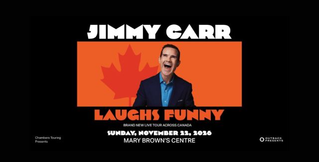 Promotional poster for comedian Jimmy Carr’s Canadian tour. Carr, wearing a blue shirt and dark blazer, laughs in front of a large red maple leaf on an orange background. Text reads: “Jimmy Carr Laughs Funny,” “Brand New Live Tour Across Canada,” “Sunday,
