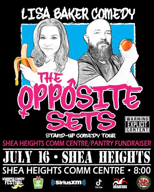 Promotional poster for “The Opposite Sets” stand-up comedy tour. A black background features two illustrated performers: a woman holding a peeled banana and a bearded man holding a peach. Text reads “Lisa Baker Comedy,” “The Opposite Sets,” “Stand-Up Come