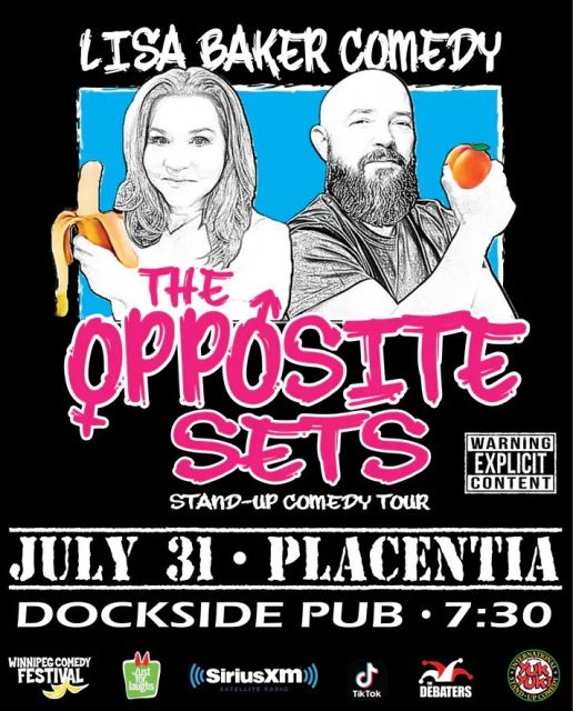 Promotional poster for “The Opposite Sets” stand-up comedy tour. A black background features two illustrated performers: a woman holding a peeled banana and a bearded man holding a peach. Text reads “Lisa Baker Comedy,” “The Opposite Sets,” “Stand-Up Come