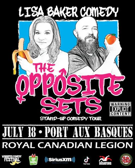 Promotional poster for "The Opposite Sets" stand-up comedy tour. A black background features two illustrated performers: a woman holding a peeled banana and a bearded man holding a peach. Text reads "Lisa Baker Comedy," "The Opposite Sets," "Stand-Up Come