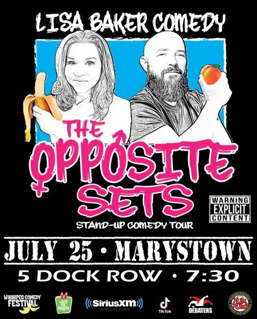 Promotional poster for a stand-up comedy tour. At top: “LISA BAKER COMEDY.” A stylized black-and-white illustration shows a woman holding a peeled banana and a bearded man holding a peach against a blue background. Large pink text reads: “THE OPPOSITE SET