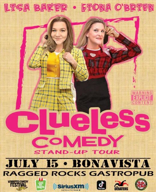 Promotional poster for “Clueless Comedy Stand-Up Tour.” Two women pose against a beige textured background with bright pink graphic accents. One wears a yellow plaid jacket and skirt with a yellow top; the other wears a red-and-black plaid top and black s