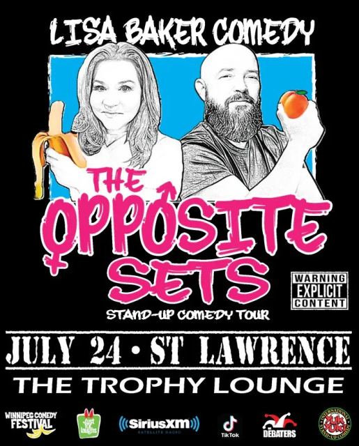 Promotional poster for “The Opposite Sets” stand-up comedy tour. A black background features two illustrated performers: a woman holding a peeled banana and a bearded man holding a peach. Text reads “Lisa Baker Comedy,” “The Opposite Sets,” “Stand-Up Come