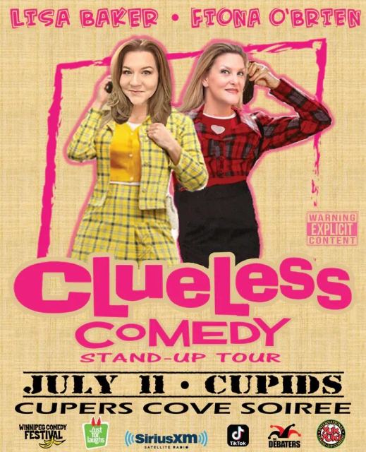 Promotional poster for “Clueless Comedy Stand-Up Tour.” Two women stand against a beige textured background with bright pink graphic accents. One wears a yellow plaid jacket and skirt with a yellow top; the other wears a red-and-black plaid top and black
