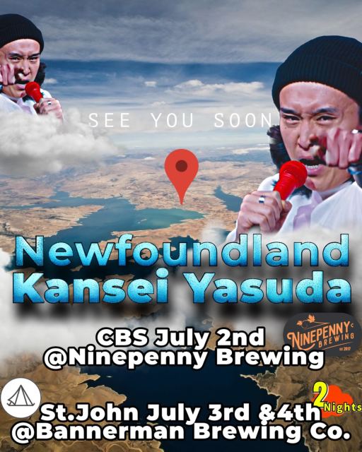 Promotional event poster featuring two large images of a performer holding a red microphone and pointing toward the camera, wearing a black beanie and white shirt. Background shows an aerial landscape with clouds and a red location pin. Text reads: “SEE Y