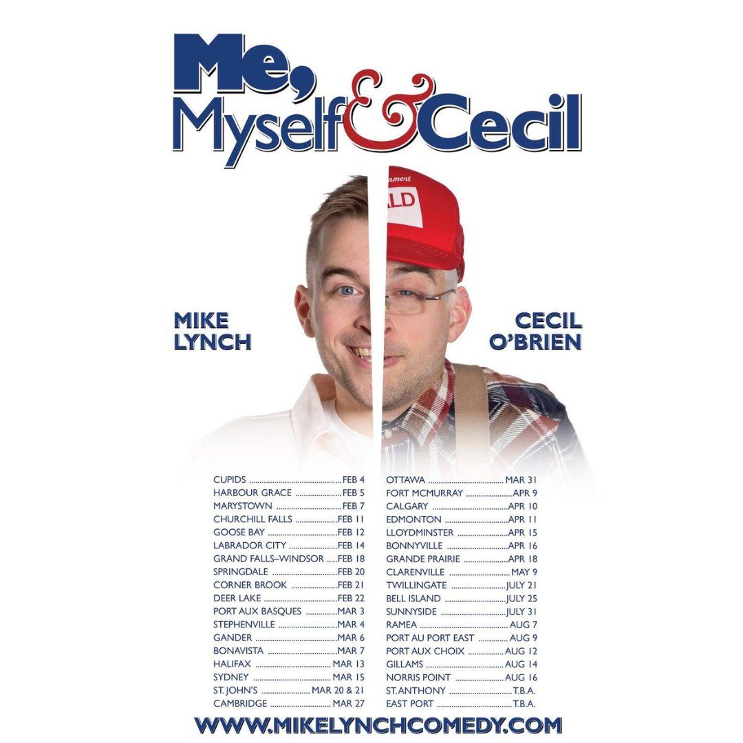 Promotional graphic titled "Me, Myself & Cecil." The title appears in large blue and red text on the left. On the right, a portrait is split vertically down the middle, showing two contrasting halves of the same person. One side shows a clean-cut appearan