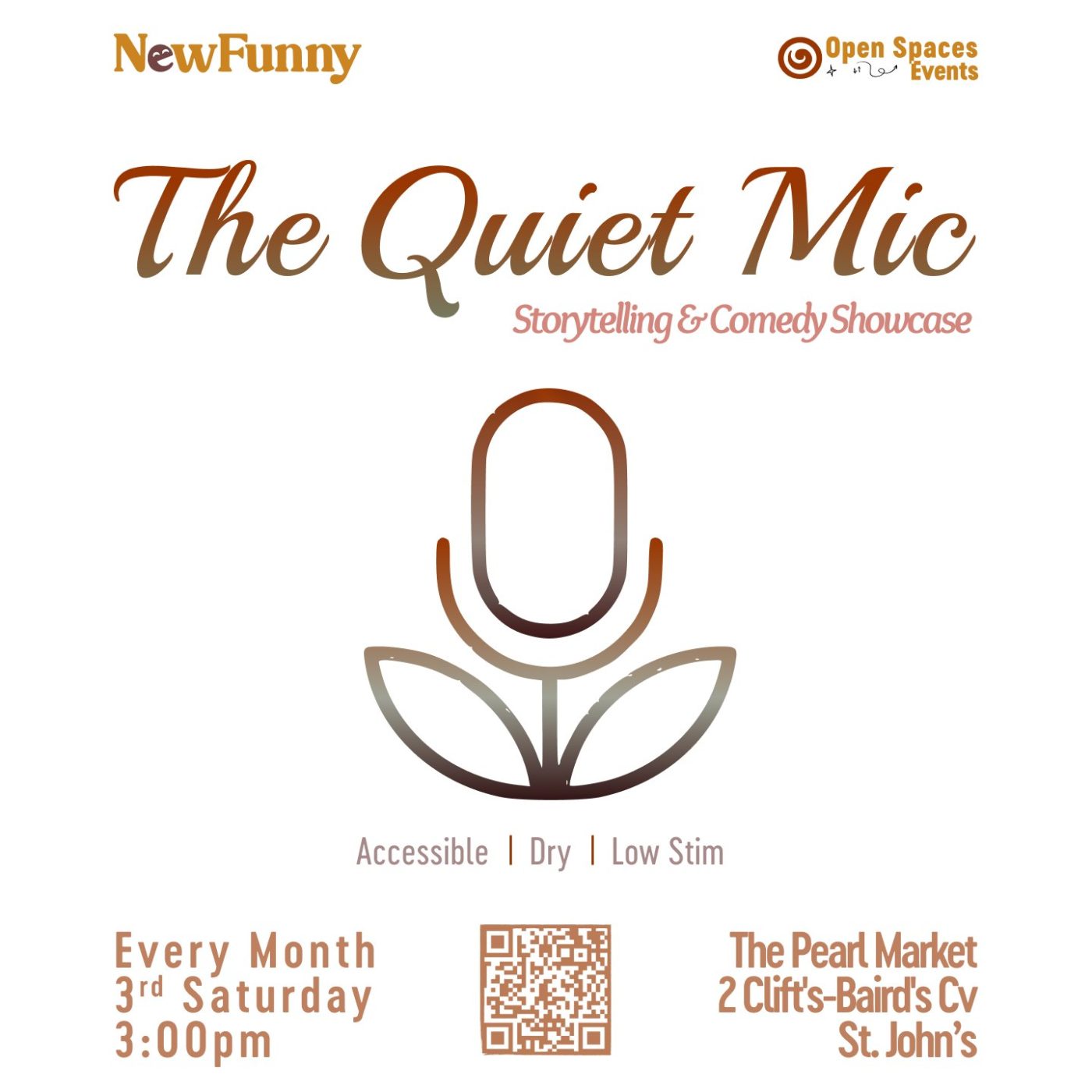 Poster for “The Quiet Mic” storytelling and comedy showcase. Text includes: “NewFunny” and “Open Spaces Events.” Features a stylized microphone with leaf shapes. Details: “Accessible | Dry | Low Stim.” Event held every month, 3rd Saturday at 3:00pm, The P