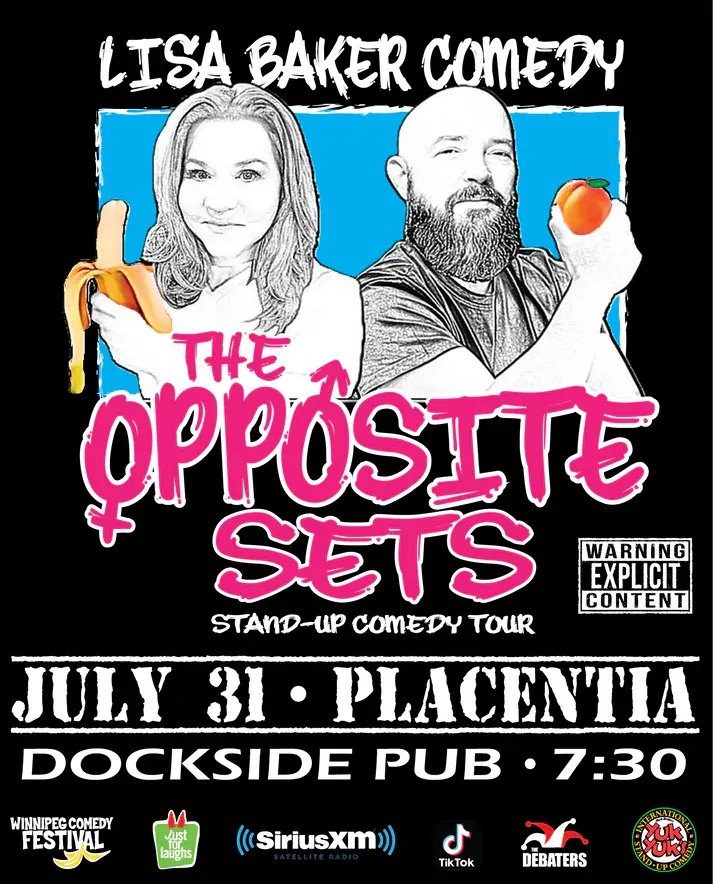 Promotional poster for “The Opposite Sets” stand-up comedy tour. A black background features two illustrated performers: a woman holding a peeled banana and a bearded man holding a peach. Text reads “Lisa Baker Comedy,” “The Opposite Sets,” “Stand-Up Come