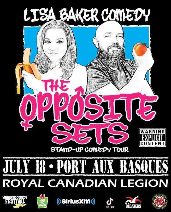Promotional poster for “The Opposite Sets” stand-up comedy tour. A black background features two illustrated performers: a woman holding a peeled banana and a bearded man holding a peach. Text reads “Lisa Baker Comedy,” “The Opposite Sets,” “Stand-Up Come