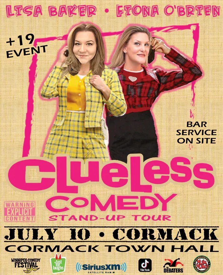Promotional poster for “Clueless Comedy Stand-Up Tour.” Two women pose against a beige textured background with bright pink graphic accents. One wears a yellow plaid jacket and skirt with a yellow top; the other wears a red-and-black plaid top and black s