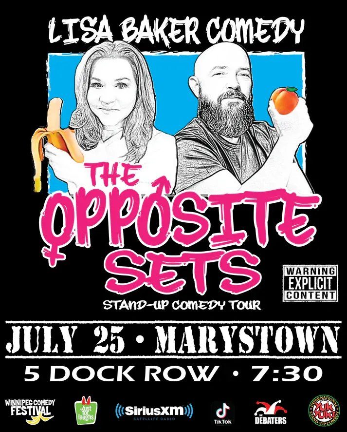 Promotional poster for a stand-up comedy tour. At top: “LISA BAKER COMEDY.” A stylized black-and-white illustration shows a woman holding a peeled banana and a bearded man holding a peach against a blue background. Large pink text reads: “THE OPPOSITE SET