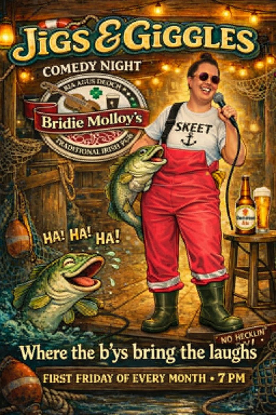 Poster with text “Jigs & Giggles Comedy Night” and “Bridie Molloy’s.” A person in red overalls and boots holds a microphone and a fish. Background shows a wooden dock setting with nets, lights, and a beer on a stool. Text includes “Where the b’ys bring th