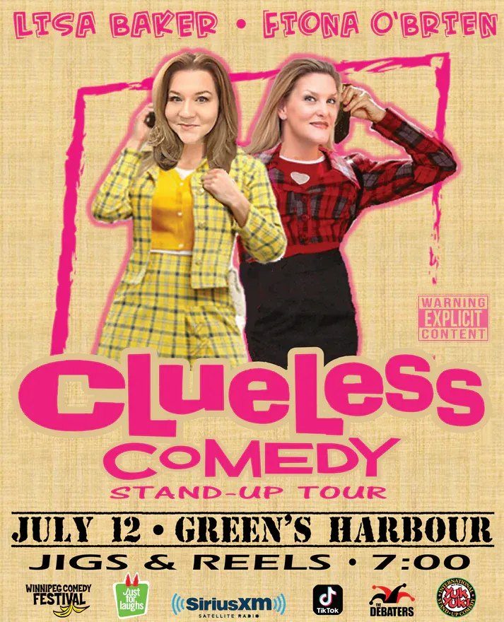 Promotional poster for a stand-up comedy tour. At the top, text reads “LISA BAKER • FIONA O’BRIEN.” Two women pose in front of a pink outlined shape on a beige textured background; one wears a yellow plaid outfit, and the other wears a red-and-black plaid